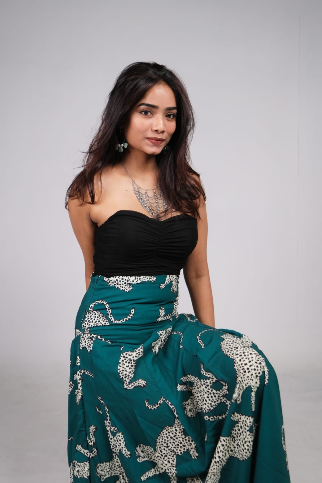 Emerald Tide Tiger-Print Pleated Skirt